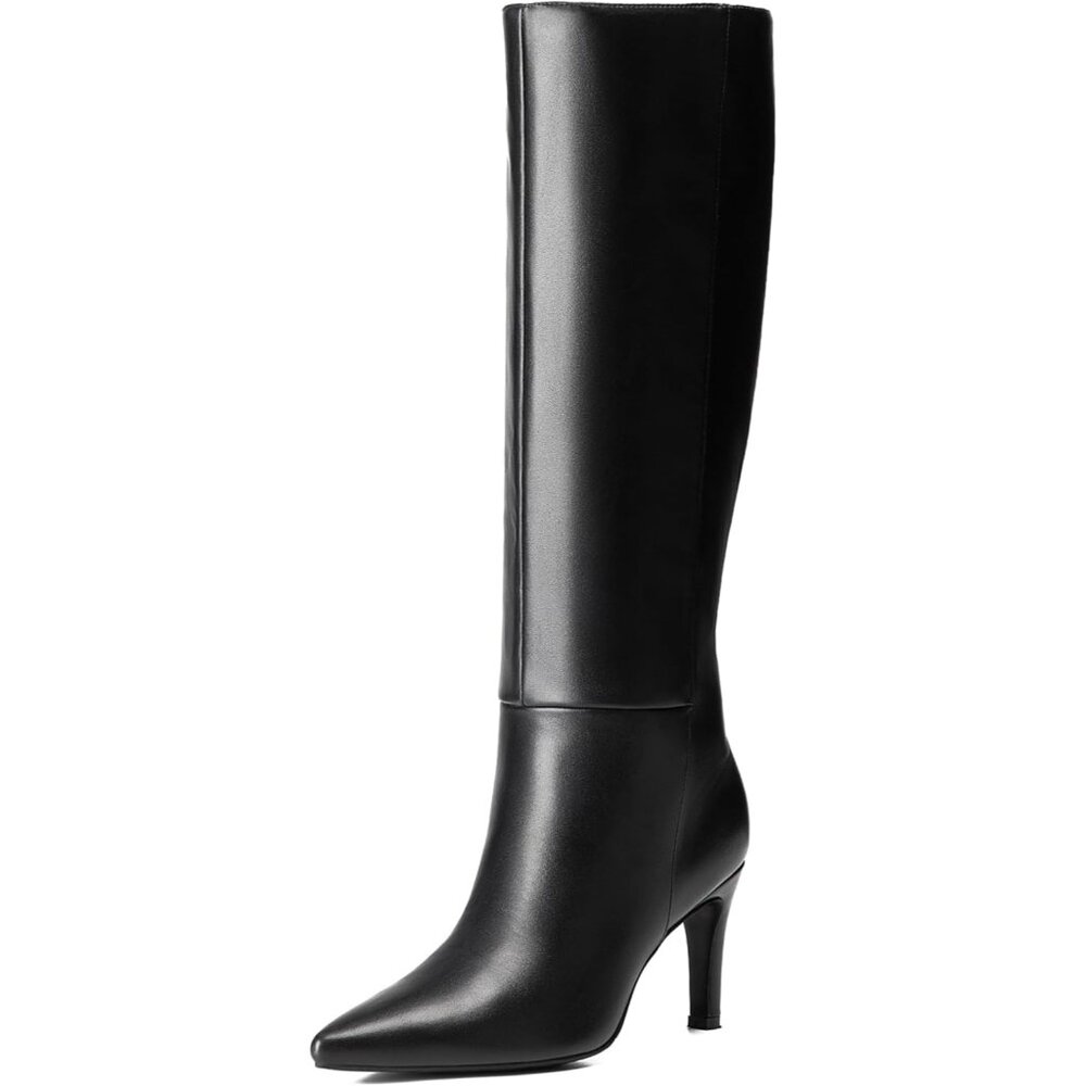 Women's Black Knee High Boots Pointed Toe Stiletto Tall Side Zipper Dress